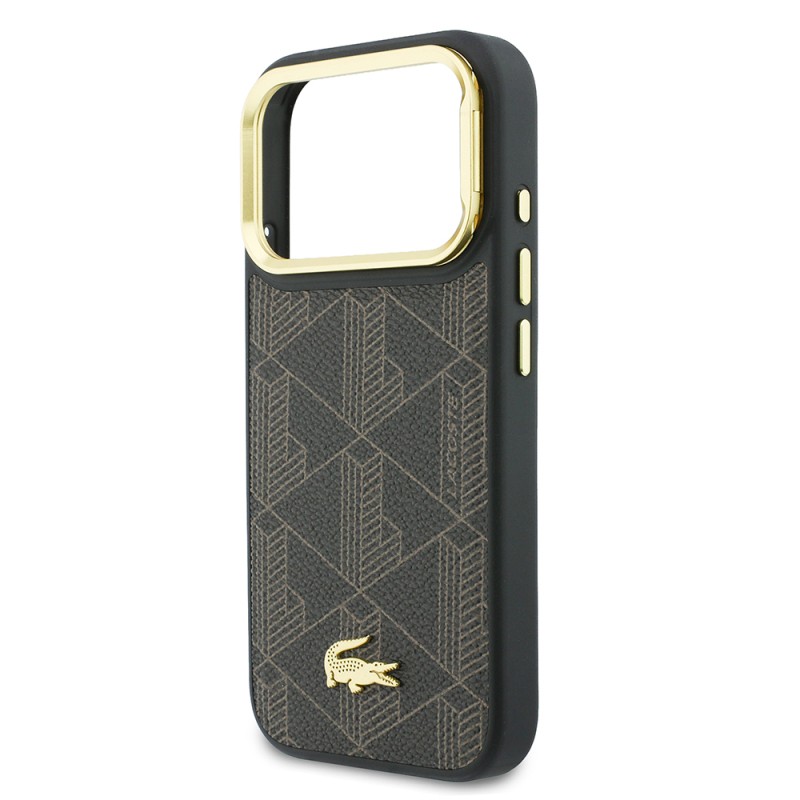 Apple iPhone 17 Pro Case Lacoste Original Licensed M-safe Charging Stand PU Leather Mixed Monogram Pattern Cover - 23