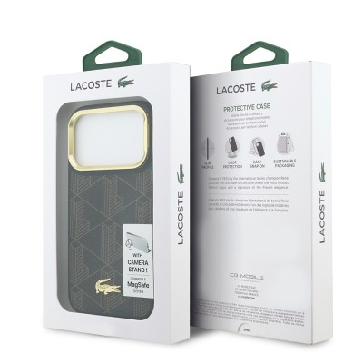 Apple iPhone 17 Pro Case Lacoste Original Licensed M-safe Charging Stand PU Leather Mixed Monogram Pattern Cover - 25