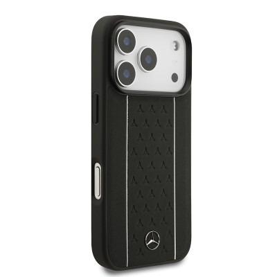 Apple iPhone 17 Pro Case Mercedes Benz Original Licensed M-Safe Charging Feature Striped Star Patterned Metal Logo Leather Cover - 4