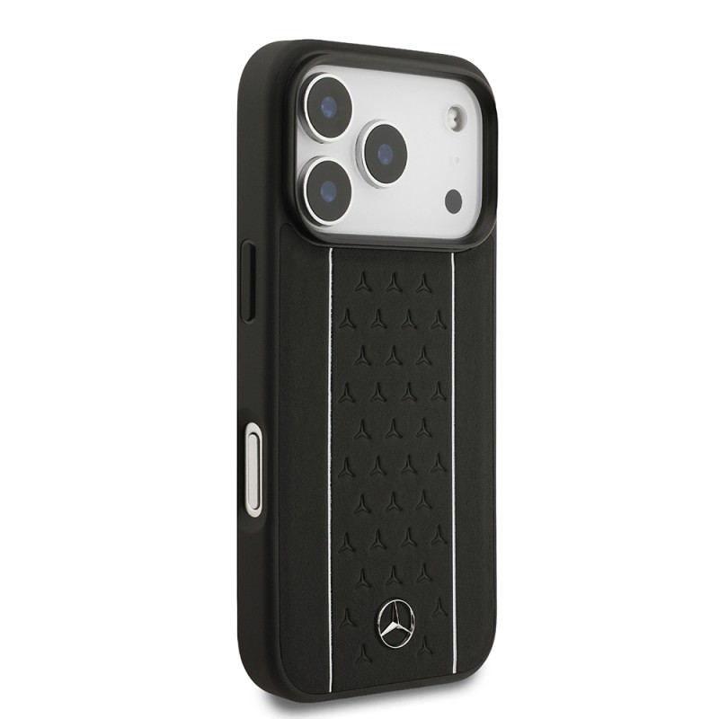 Apple iPhone 17 Pro Case Mercedes Benz Original Licensed M-Safe Charging Feature Striped Star Patterned Metal Logo Leather Cover - 4
