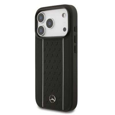 Apple iPhone 17 Pro Case Mercedes Benz Original Licensed M-Safe Charging Feature Striped Star Patterned Metal Logo Leather Cover - 5