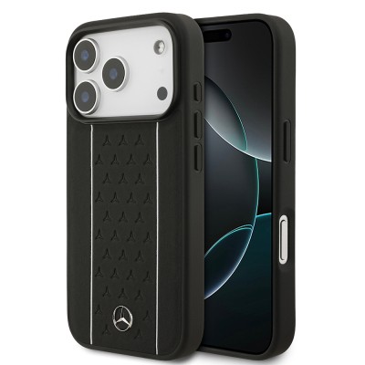 Apple iPhone 17 Pro Case Mercedes Benz Original Licensed M-Safe Charging Feature Striped Star Patterned Metal Logo Leather Cover - 2