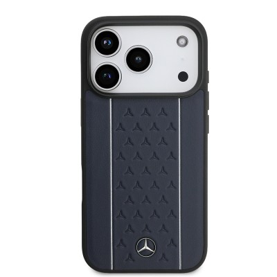 Apple iPhone 17 Pro Case Mercedes Benz Original Licensed M-Safe Charging Feature Striped Star Patterned Metal Logo Leather Cover - 15