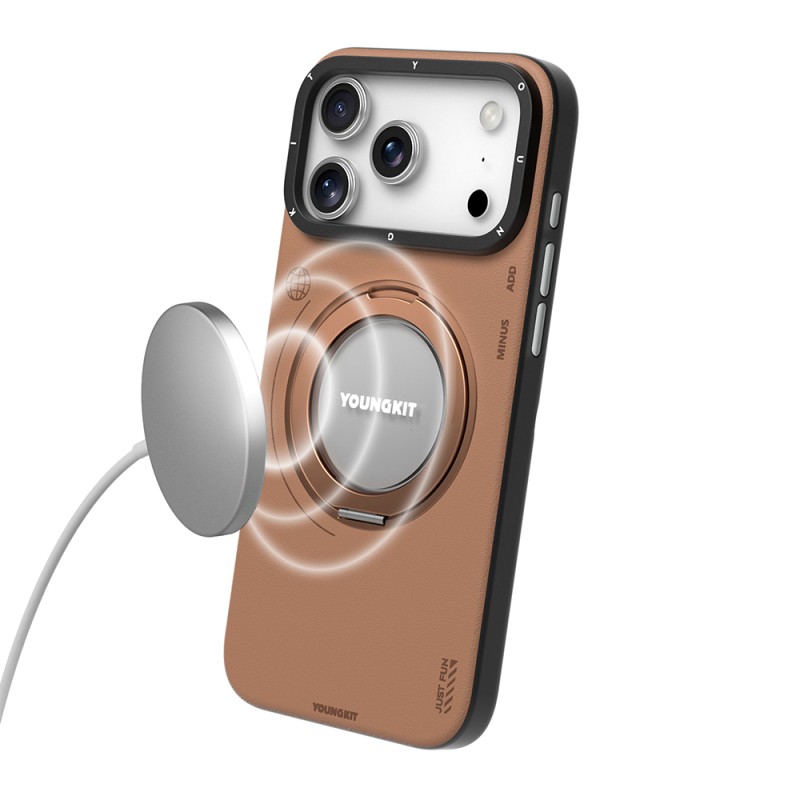 Apple iPhone 17 Pro Case with M-safe Charging Function, 360 Degree Stand, Simple Matte Leather Pattern, Youngkit Tech Leather Series Cover - 15