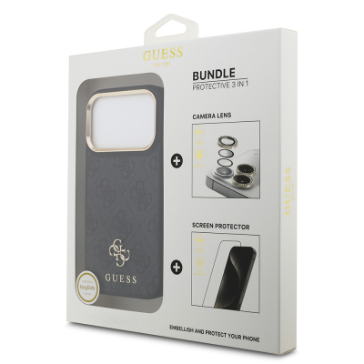 Apple iPhone 17 Pro Guess Orjinal Lisanslı 4G ve Yazı Logolu Kılıf + Ekran Koruyucu + Lens Koruyucu 3in1 Aksesuar Seti - Guess