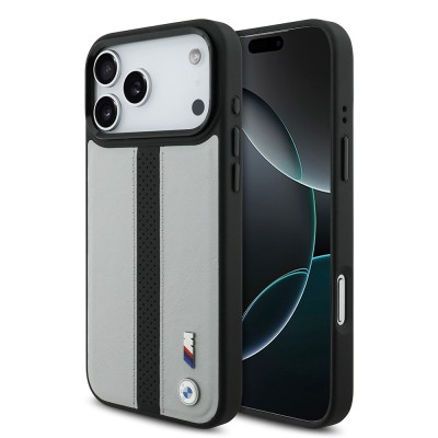 Apple iPhone 17 Pro Kılıf BMW Orjinal Lisanslı M-safe Şarj Özellikli Deri Arka Yüzey Metal Logolu Delikli Şerit Tasarımlı Kapak Gri