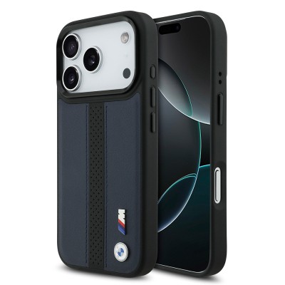 Apple iPhone 17 Pro Kılıf BMW Orjinal Lisanslı M-safe Şarj Özellikli Deri Arka Yüzey Metal Logolu Delikli Şerit Tasarımlı Kapak Lacivert