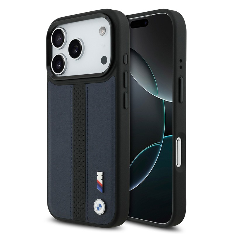 Apple iPhone 17 Pro Kılıf BMW Orjinal Lisanslı M-safe Şarj Özellikli Deri Arka Yüzey Metal Logolu Delikli Şerit Tasarımlı Kapak - 3