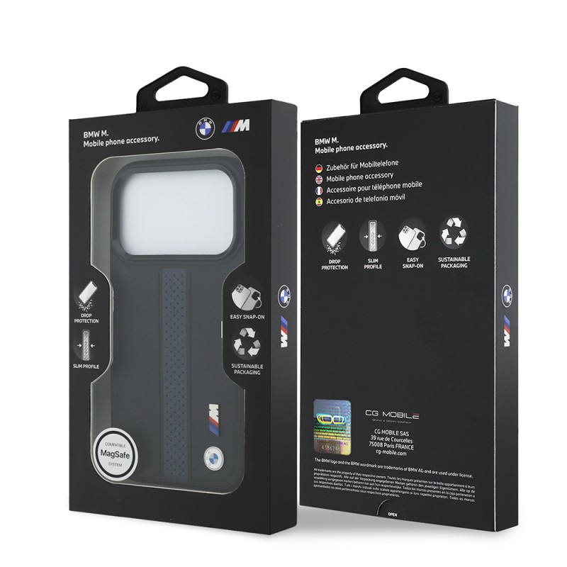 Apple iPhone 17 Pro Kılıf BMW Orjinal Lisanslı M-safe Şarj Özellikli Deri Arka Yüzey Metal Logolu Delikli Şerit Tasarımlı Kapak - 25