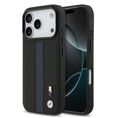 Apple iPhone 17 Pro Kılıf BMW Orjinal Lisanslı M-safe Şarj Özellikli Deri Arka Yüzey Metal Logolu Delikli Şerit Tasarımlı Kapak Mavi