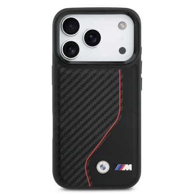 Apple iPhone 17 Pro Kılıf BMW Orjinal Lisanslı M-safe Şarj Özellikli Metal BMW ve M Logolu PU Karbon Tasarımlı Kapak - 4
