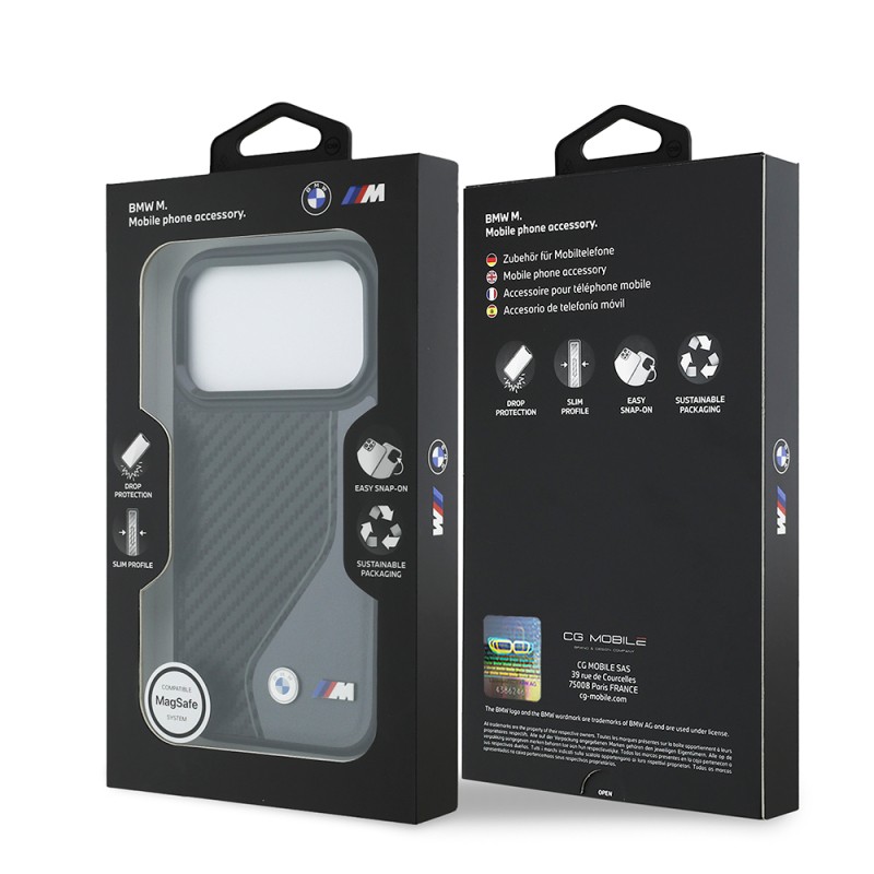 Apple iPhone 17 Pro Kılıf BMW Orjinal Lisanslı M-safe Şarj Özellikli Metal BMW ve M Logolu PU Karbon Tasarımlı Kapak - 17