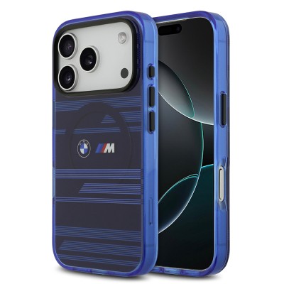 Apple iPhone 17 Pro Kılıf BMW Orjinal Lisanslı M-safe Şarj Özellikli Metal Kamera Butonlu Yatay Şeritli M Dizayn Kapak Mavi