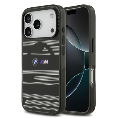 Apple iPhone 17 Pro Kılıf BMW Orjinal Lisanslı M-safe Şarj Özellikli Metal Kamera Butonlu Yatay Şeritli M Dizayn Kapak Siyah
