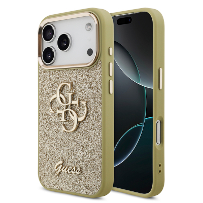 Apple iPhone 17 Pro Kılıf Guess Orjinal Lisanslı 4G Büyük Metal Kamera Çerçeveli ve Logolu Glitter Kapak - Guess