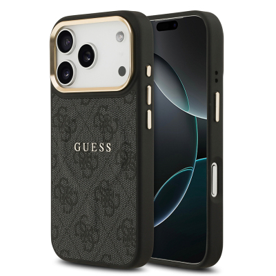 Apple iPhone 17 Pro Kılıf Guess Orjinal Lisanslı M-safe Şarj Özellikli Gold Metal Kamera Çerçeveli PU Deri 4G Desenli Yazı Logolu Kapak - Guess