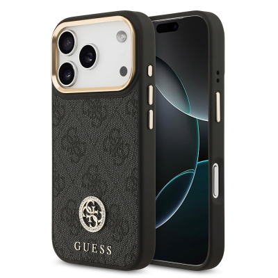 Apple iPhone 17 Pro Kılıf Guess Orjinal Lisanslı M-safe Şarj Özellikli Gold Metal Kamera Çerçeveli Taşlı 4G Logolu Kapak - Guess