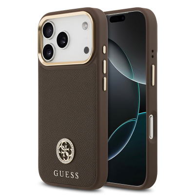 Apple iPhone 17 Pro Kılıf Guess Orjinal Lisanslı M-safe Şarj Özellikli Grained Yazı ve Taşlı 4G Logolu Kapak - Guess