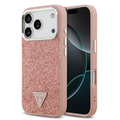 Apple iPhone 17 Pro Kılıf Guess Orjinal Lisanslı M-safe Şarj Özellikli Metal Kamera Çerçeveli Üçgen Logolu Glitter Kapak - Guess