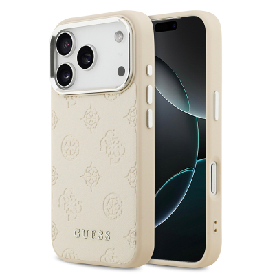 Apple iPhone 17 Pro Kılıf Guess Orjinal Lisanslı M-safe Şarj Özellikli Sıcak Baskılı Klasik Yazı Logolu PU Deri Peony Kapak - Guess