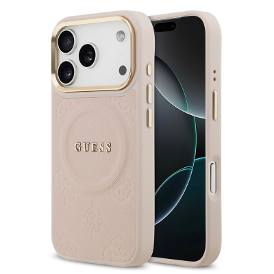 Apple iPhone 17 Pro Kılıf Guess Orjinal Lisanslı M-safe Şarj Özellikli Sıcak Baskılı Yazı Logolu PU Deri Peony Kapak - Guess