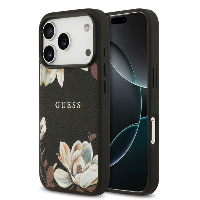 Apple iPhone 17 Pro Kılıf Guess Orjinal Lisanslı M-safe Şarj Özellikli Taneli Çiçek Tasarımlı Metal Yazı Logolu Kapak - Guess