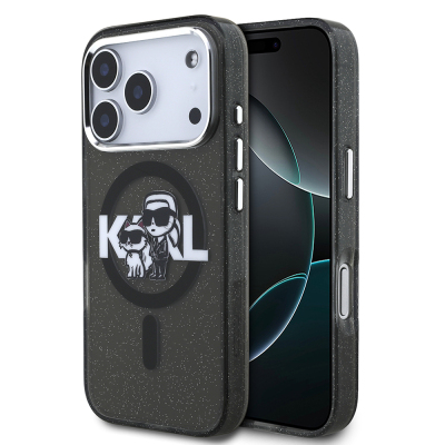 Apple iPhone 17 Pro Kılıf Karl Lagerfeld Orjinal Lisanslı Parlayan Simli Karl & Choupette Sketch Logo Kapak - Karl Lagerfeld