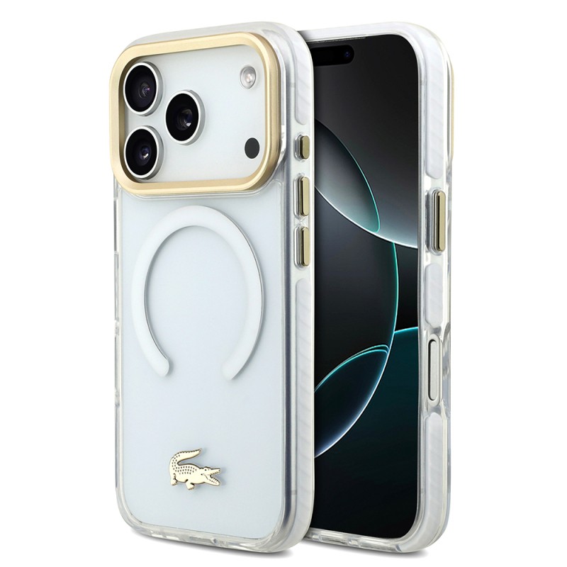Apple iPhone 17 Pro Kılıf Lacoste Orjinal Lisanslı M-safe Şarj Özellikli Gold Timsah Logolu Buzlu Kapak - 4