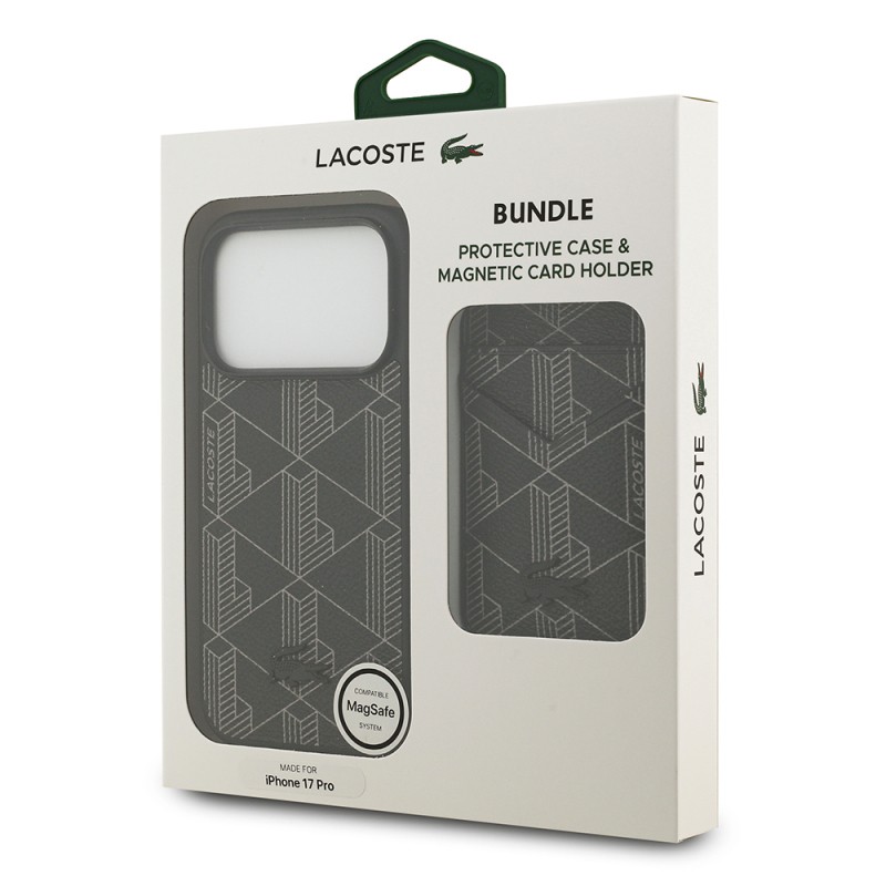 Apple iPhone 17 Pro Kılıf Lacoste Orjinal Lisanslı M-safe Şarj Özellikli PU Deri Tasarımlı Kartlıklı Karışık Monogram Desenli Kapak - 24