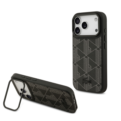 Apple iPhone 17 Pro Kılıf Lacoste Orjinal Lisanslı M-safe Şarj Özellikli Standlı PU Deri Karışık Monogram Desenli Kapak - Lacoste