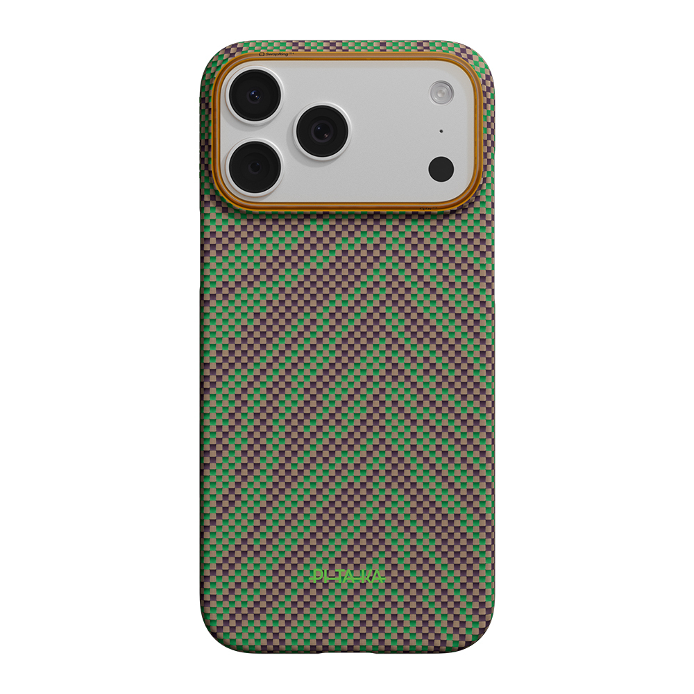 Apple iPhone 17 Pro Kılıf M-safe Şarj Özellikli Aramid Fiber Pitaka Breath of Veins Serisi Kapak - Yeşil-Mor