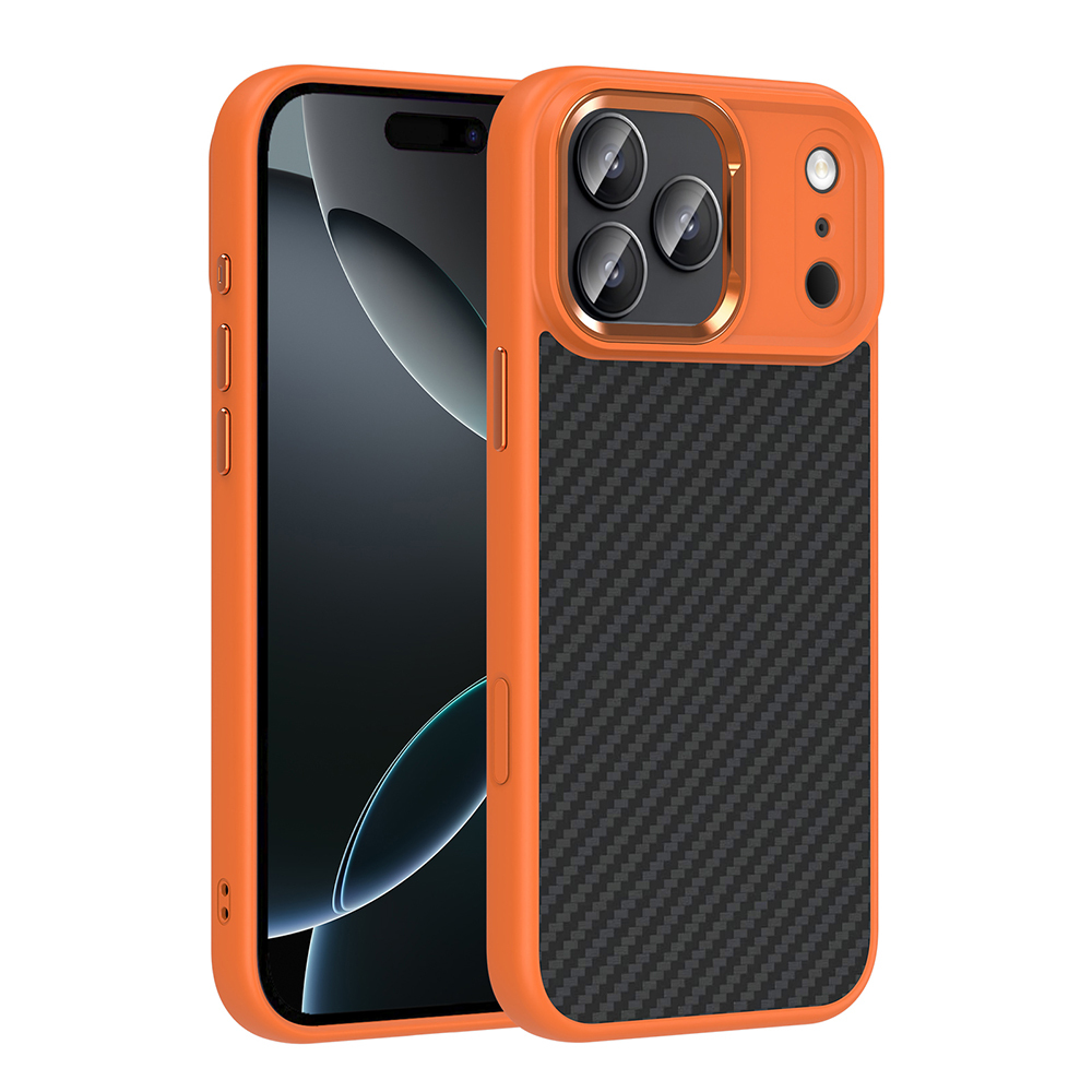 iPhone 17 Pro Kılıf M-Safe Şarj Özellikli Karbon Fiber Görünümlü Zore Truva Silikon Kapak - Turuncu