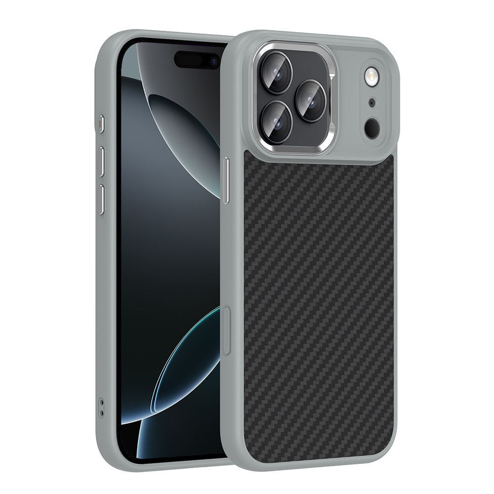 iPhone 17 Pro Kılıf M-Safe Şarj Özellikli Karbon Fiber Görünümlü Zore Truva Silikon Kapak - Gri