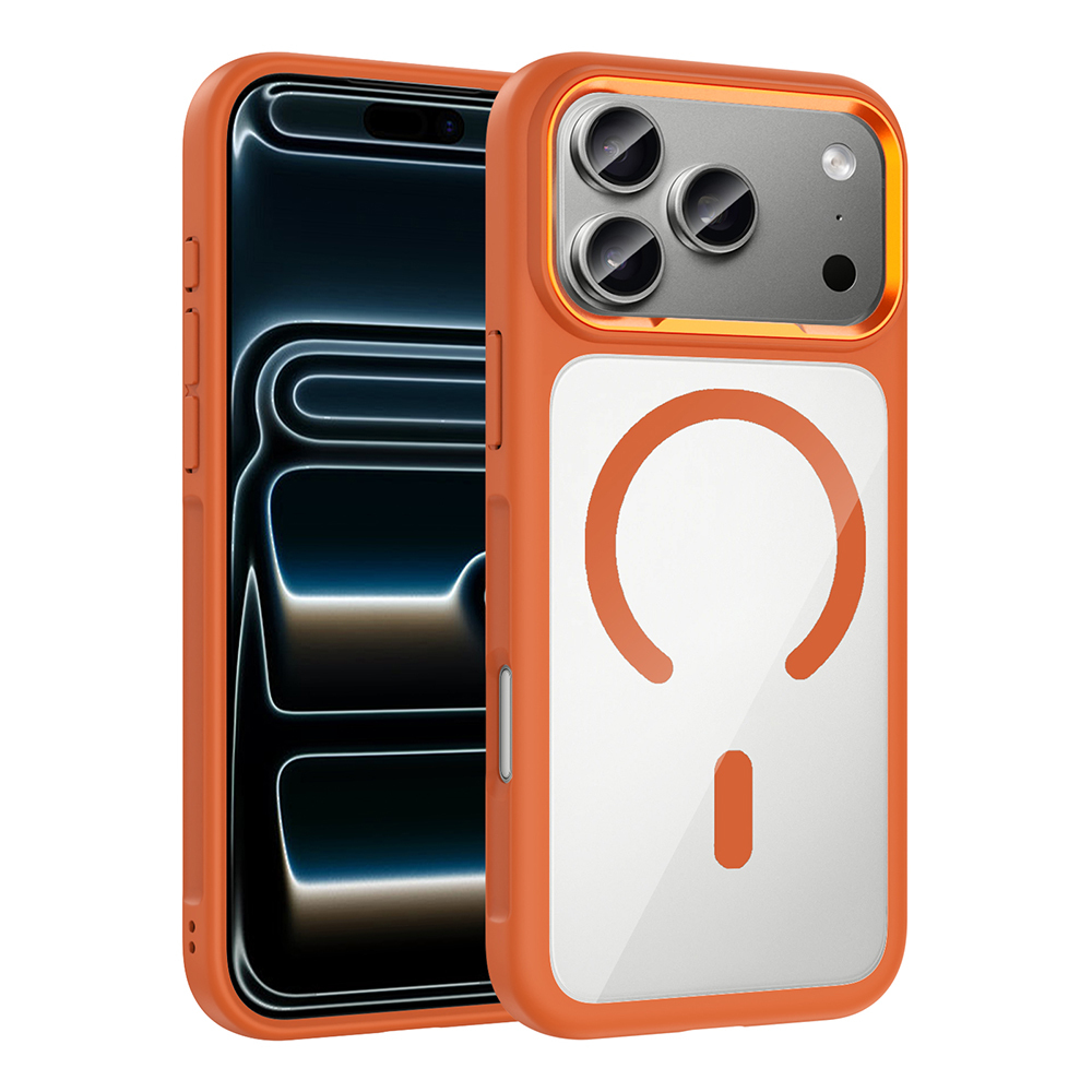 iPhone 17 Pro Kılıf M-Safe Şarj Özellikli Metal Kamera Çerçeveli Zore Tiko Kapak - Turuncu