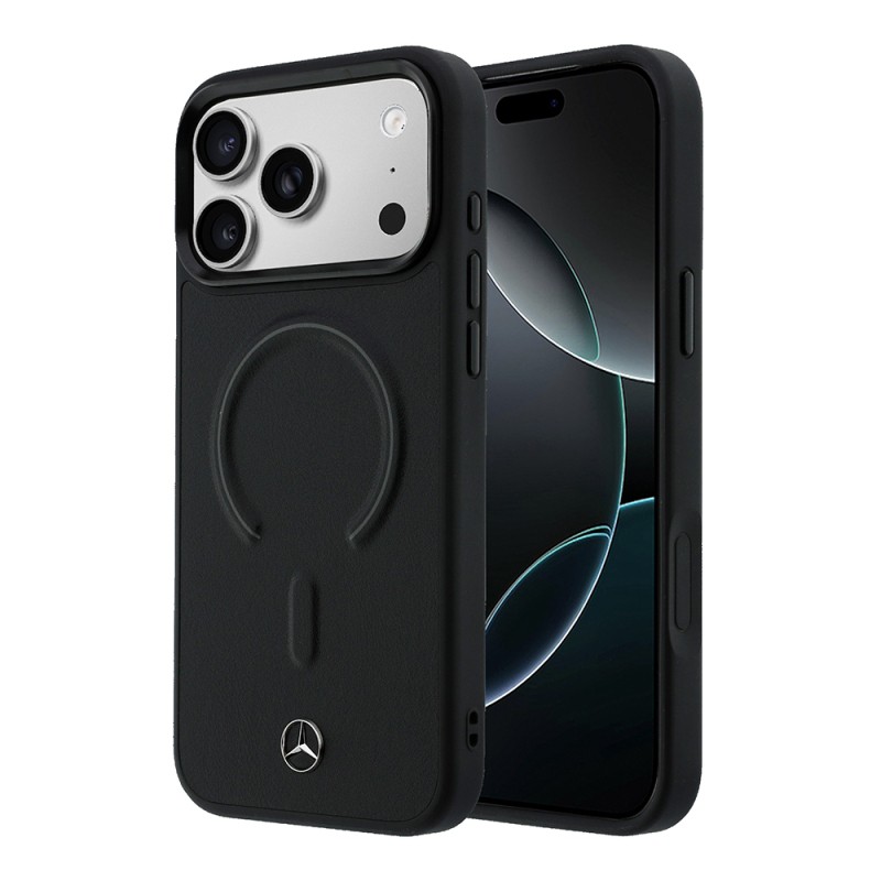 Apple iPhone 17 Pro Kılıf Mercedes Benz Orjinal Lisanslı M-safe Şarj Özellikli Metal Yıldız Logolu Kabartmalı Deri Kapak - 1