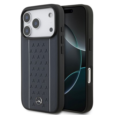 Apple iPhone 17 Pro Kılıf Mercedes Benz Orjinal Lisanslı M-safe Şarj Özellikli Şeritli Yıldız Desenli Metal Logolu Deri Kapak Lacivert