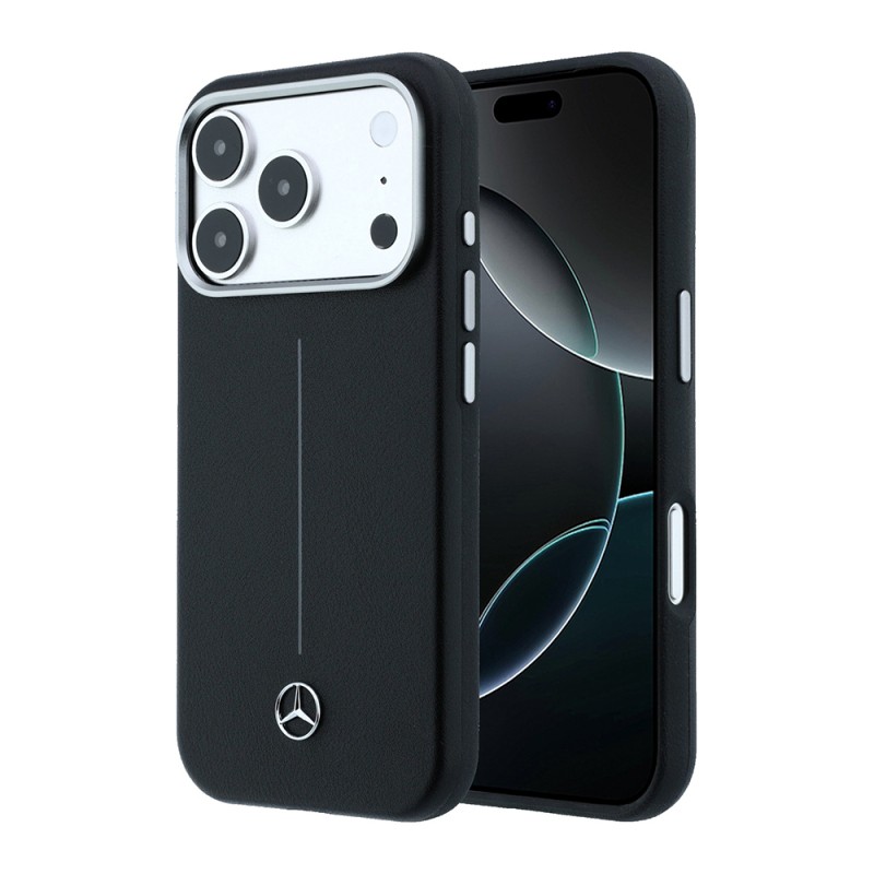Apple iPhone 17 Pro Max Case – Genuine Licensed Mercedes-Benz – Striped Leather Cover with Metal Star Logo and MagSafe Charging Support - 1
