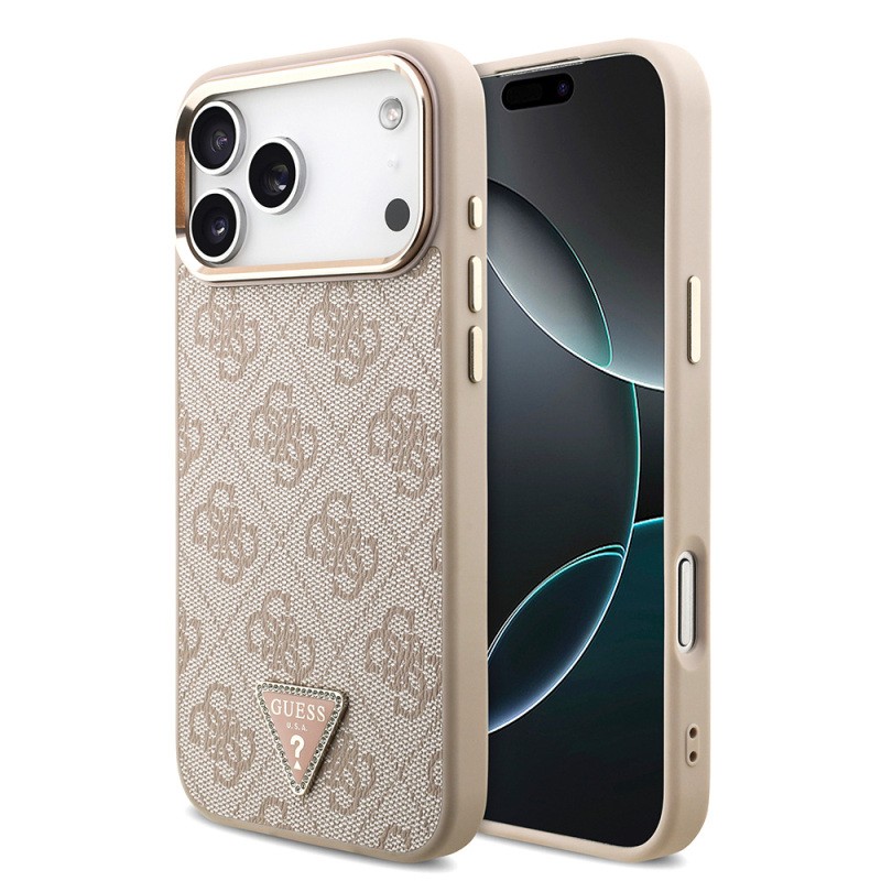 Apple iPhone 17 Pro Max Case Guess Original Licensed M-safe Charging Feature Stone Triangle Logo 4G Patterned Cover - 1