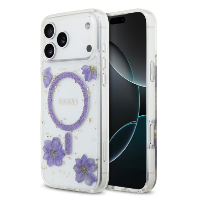 Apple iPhone 17 Pro Max Case Guess Original Licensed M-safe Charging Transparent Resin Flowers Cover - Guess