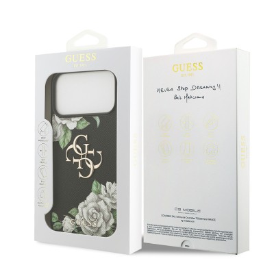 Apple iPhone 17 Pro Max Case Guess Original Licensed Rose Printed Large Metal Logo Design Cover - 9