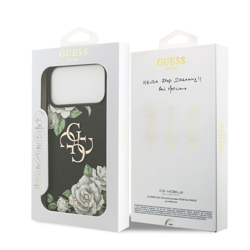 Apple iPhone 17 Pro Max Case Guess Original Licensed Rose Printed Large Metal Logo Design Cover - 9