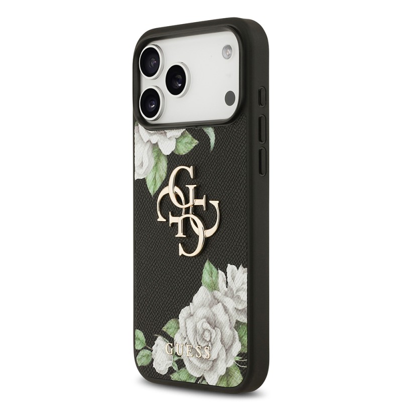 Apple iPhone 17 Pro Max Case Guess Original Licensed Rose Printed Large Metal Logo Design Cover - 4