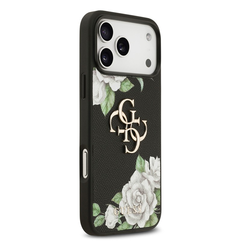 Apple iPhone 17 Pro Max Case Guess Original Licensed Rose Printed Large Metal Logo Design Cover - 6