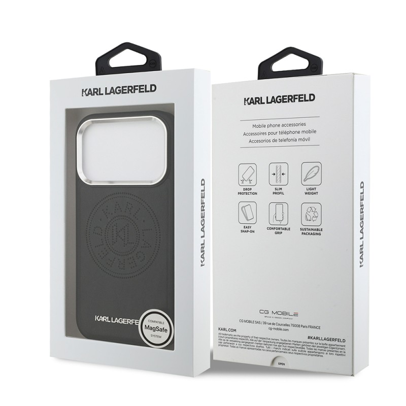 Apple iPhone 17 Pro Max Case Karl Lagerfeld Original Licensed M-safe Charging Feature Perforated Design Metal Logo PU Leather Cover - 9