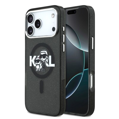 Apple iPhone 17 Pro Max Case Karl Lagerfeld Original Licensed Shining Glittery Karl & Choupette Sketch Logo Cover - 1