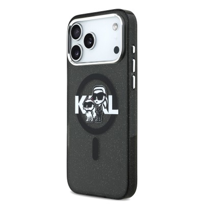 Apple iPhone 17 Pro Max Case Karl Lagerfeld Original Licensed Shining Glittery Karl & Choupette Sketch Logo Cover - 3