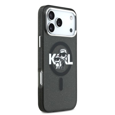 Apple iPhone 17 Pro Max Case Karl Lagerfeld Original Licensed Shining Glittery Karl & Choupette Sketch Logo Cover - 5