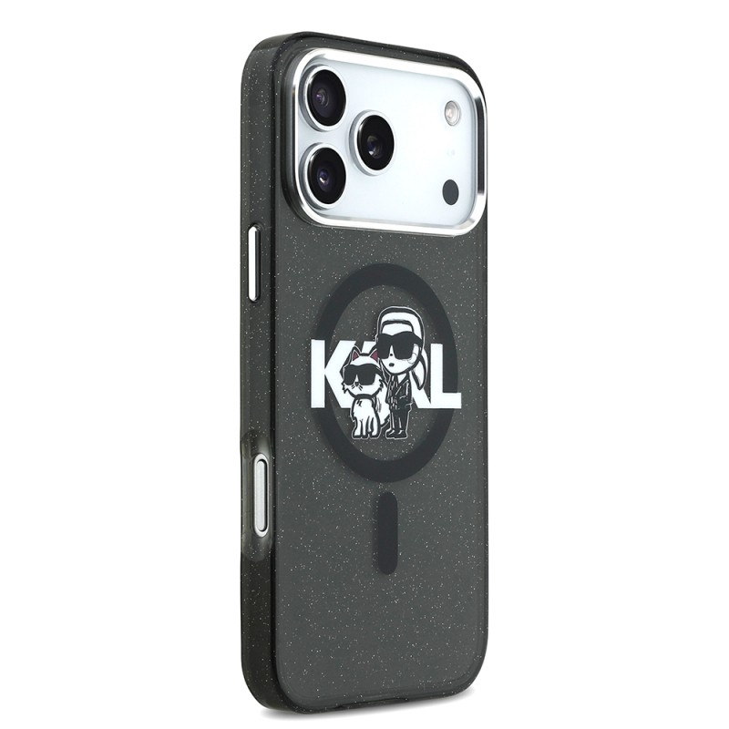 Apple iPhone 17 Pro Max Case Karl Lagerfeld Original Licensed Shining Glittery Karl & Choupette Sketch Logo Cover - 5