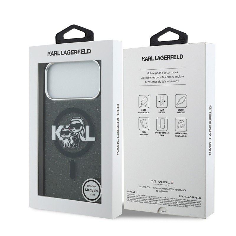 Apple iPhone 17 Pro Max Case Karl Lagerfeld Original Licensed Shining Glittery Karl & Choupette Sketch Logo Cover - 9