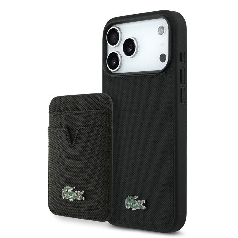 Apple iPhone 17 Pro Max Case Lacoste Original Licensed M-Safe Charging Feature PU Pique Pattern Metal Logo Card Holder Cover - 1